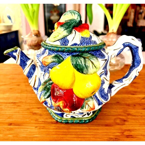 Vintage Fitz & Floyd Teapot Classics Florentine Fruit Collection Blue White Pear - Picture 1 of 14